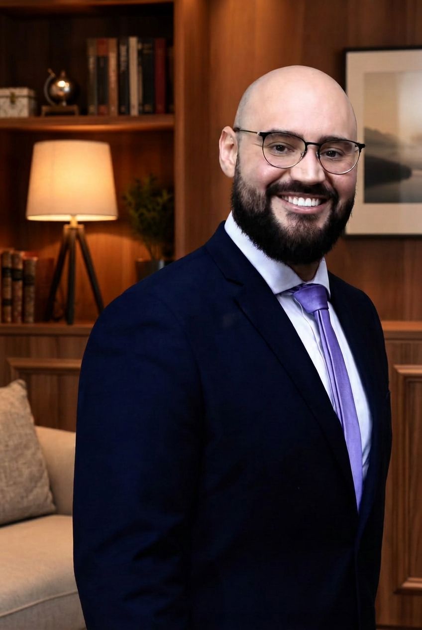Cândido Renato no consultório, de terno azul-marinho, sorrindo